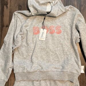 Boss Gray Hoodie and pant set with Coral pink Logo